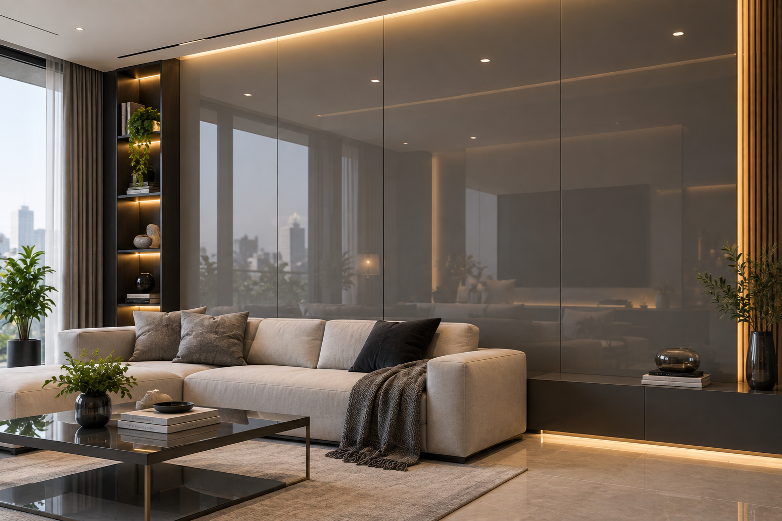 Seamless grey lacquered glass wall paneling in a living room