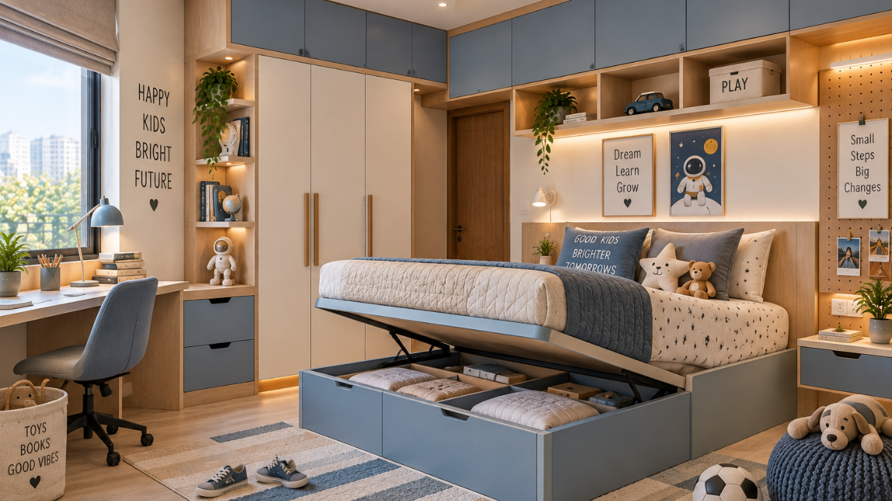 Kids room design with hydraulic storage bed and loft cabinets above wardrobe
