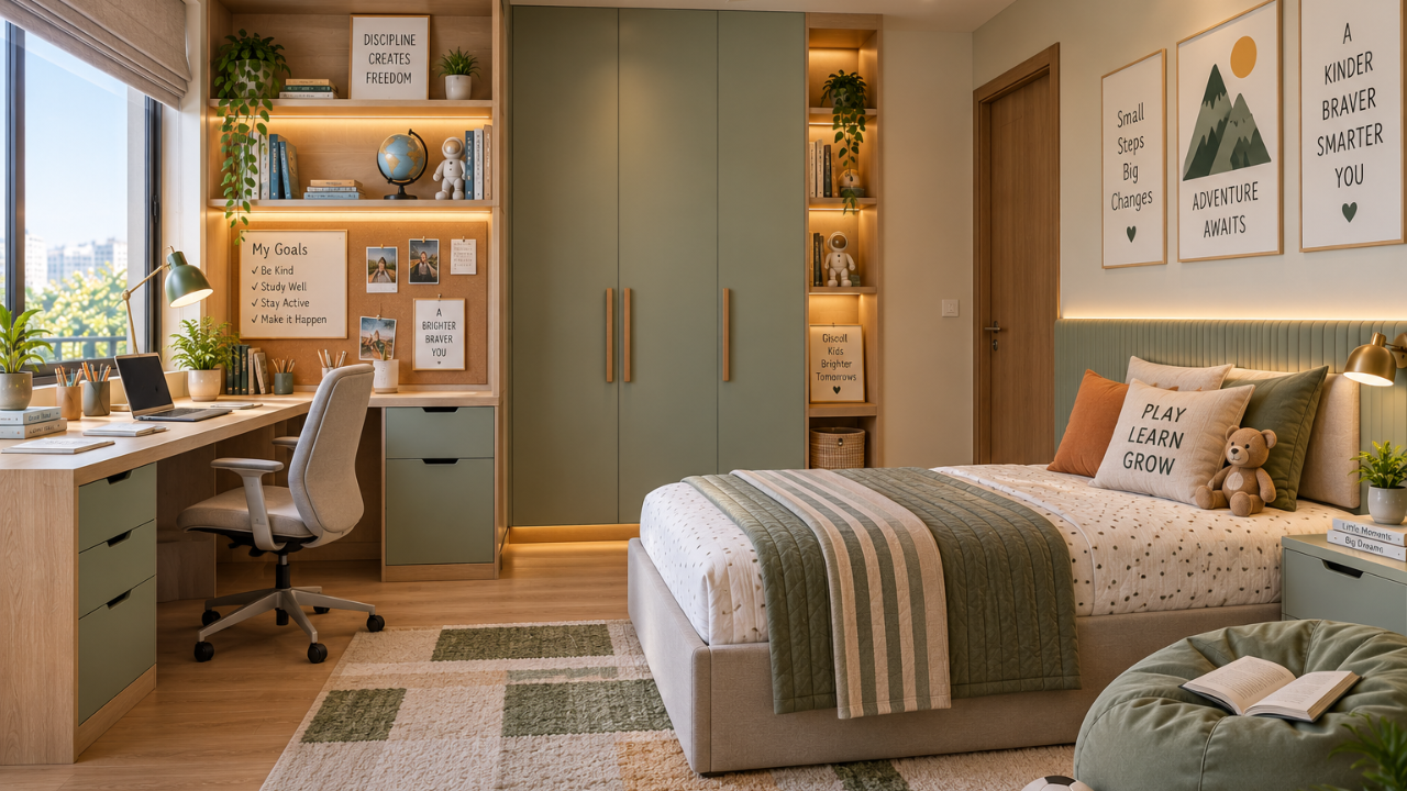 Kids bedroom design with integrated study desk and open shelving above