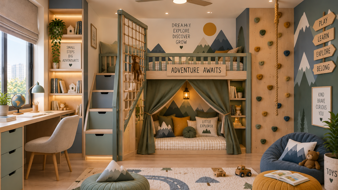 Adventure themed kids bedroom design with tent style bed nook and climbing wall