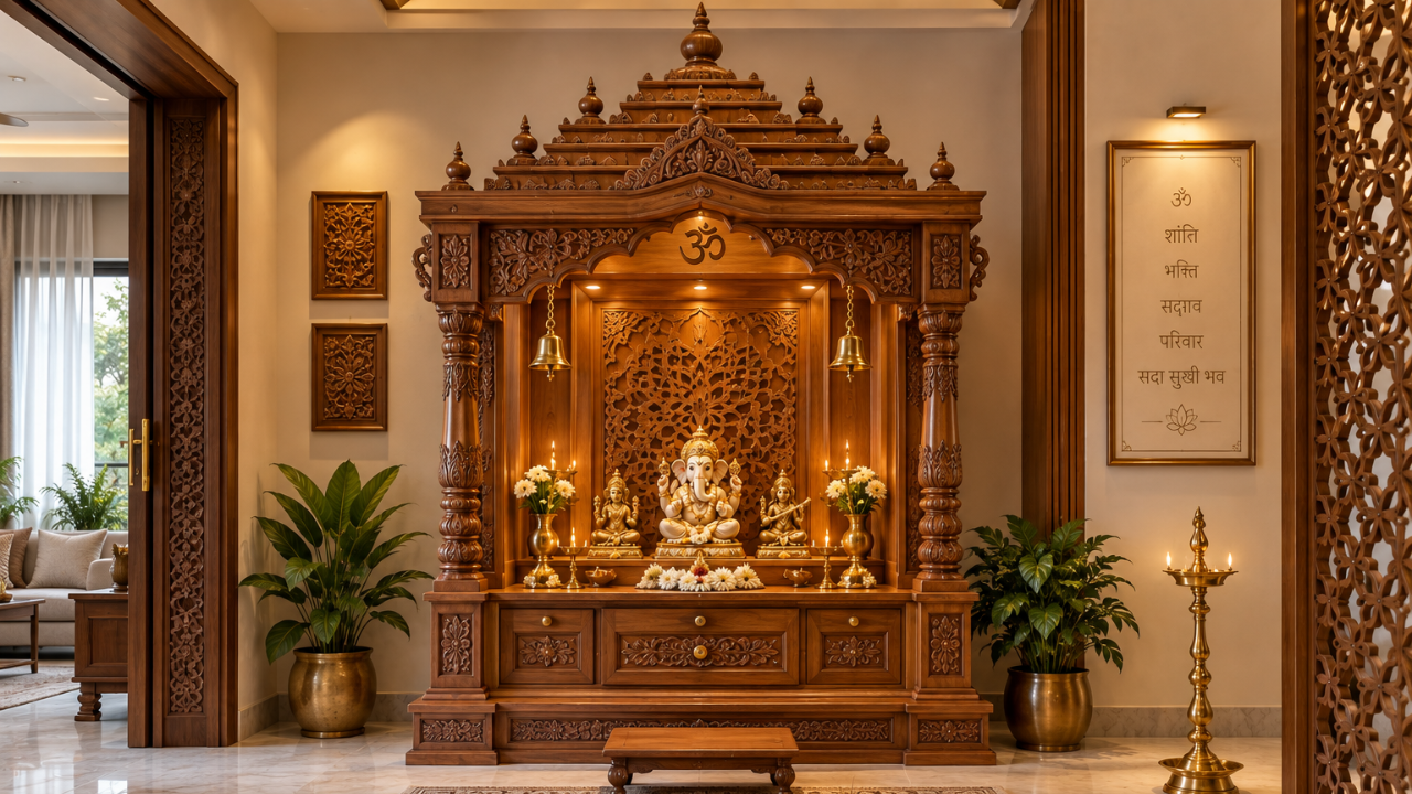 Traditional carved wooden mandir design in teak with shikhara top