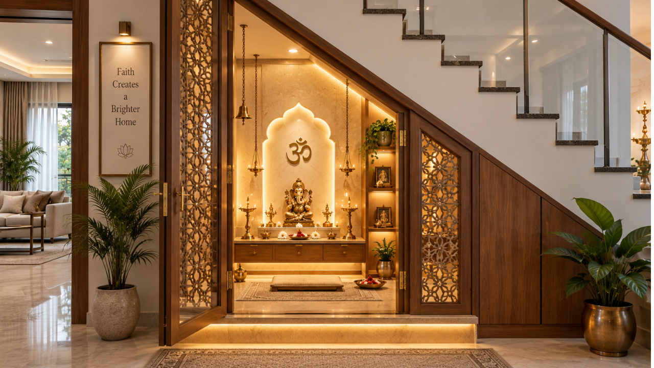 Under staircase pooja room design with raised stone flooring and carved door
