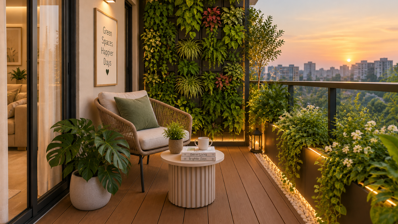 Balcony design with modular vertical garden wall and drip irrigation