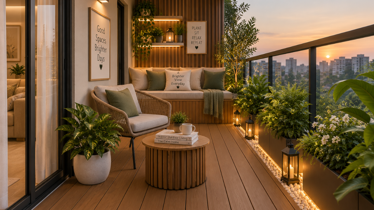 Balcony design with WPC wooden deck flooring laid over waterproofed slab