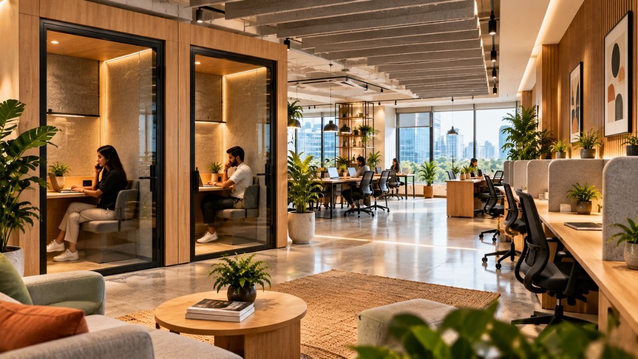 Acoustic phone booths and quiet focus zone in a coworking space