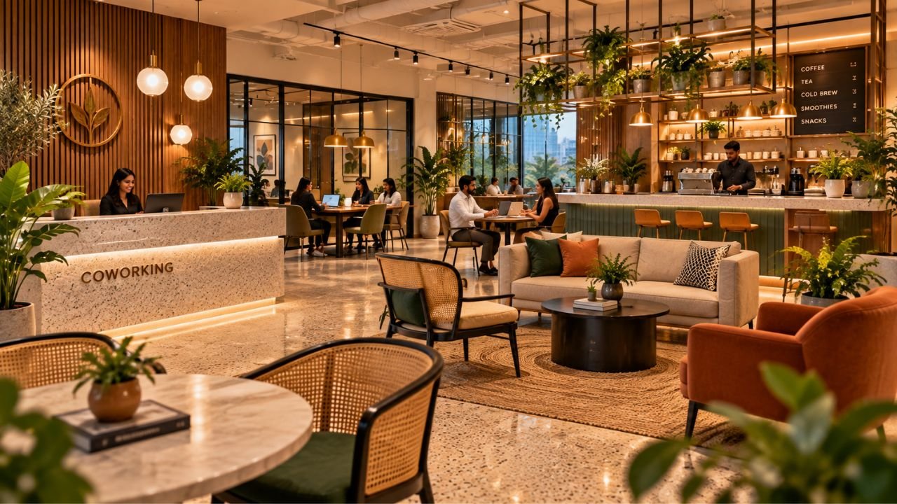 Hospitality-style coworking lounge and café with warm lighting