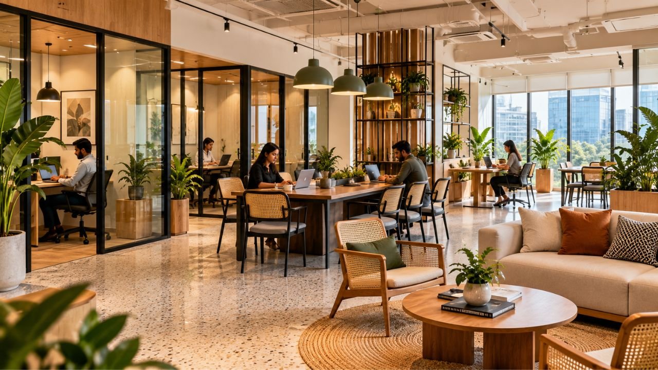 Modern coworking space design with open desks, private cabins and indoor plants